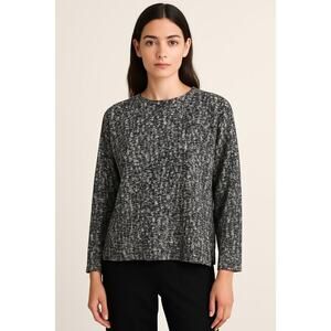 EILEEN FISHER Black Prism Print Boxy Funnel Neck Top –Size M – Silk Cotton Blend